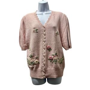 Lindsey Blake Vintage Embroidered Pearl Blush Pink Cardigan Size M